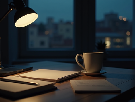 Eye-level view of a dimly lit desk cluttered with notebooks, a laptop, and a half-empty coffee cup