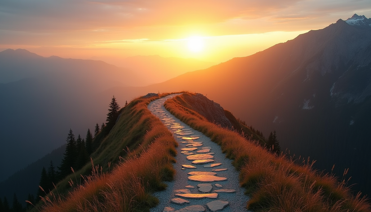 Eye-level view of a winding mountain path leading toward a bright sunrise