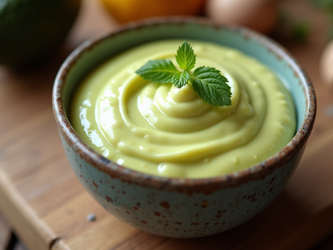 Close-up view of a bowl with creamy avocado mayonnaise on a wooden table