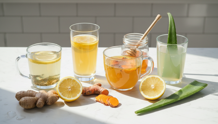 Overhead view of morning drinks arranged beside fresh lemon, green tea leaves, ginger, turmeric, honey, and aloe.