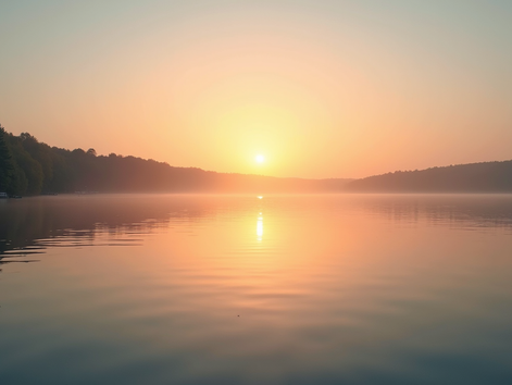 Eye-level view of a sunrise over a quiet lake symbolizing new beginnings