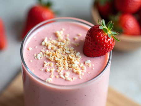 Close-up view of a creamy vegan strawberry shake in a glass with strawberry and coconut flakes garnish