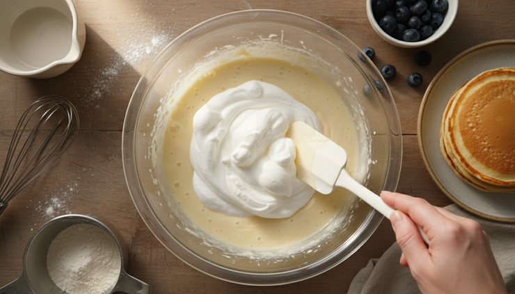Overhead view of fluffy meringue being folded into pancake batter.
