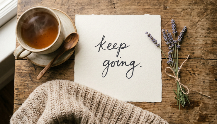 Overhead view of a handwritten note that says keep going beside a cup of tea.