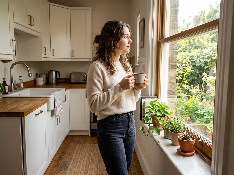 Eye-level view of a person standing near a sunny kitchen window with a mug in hand