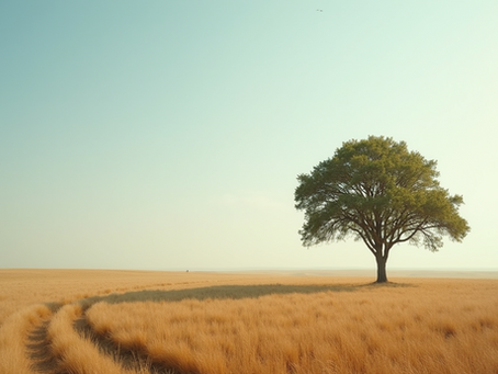 Close-up view of a solitary tree standing tall in a vast open field