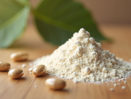 Close-up view of collagen powder and capsules on a wooden surface