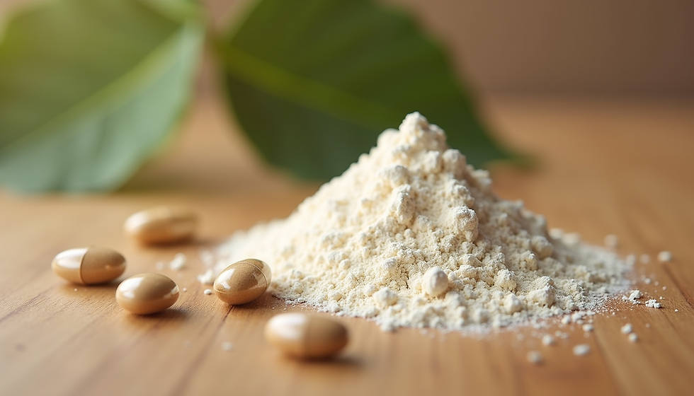 Close-up view of collagen powder and capsules on a wooden surface