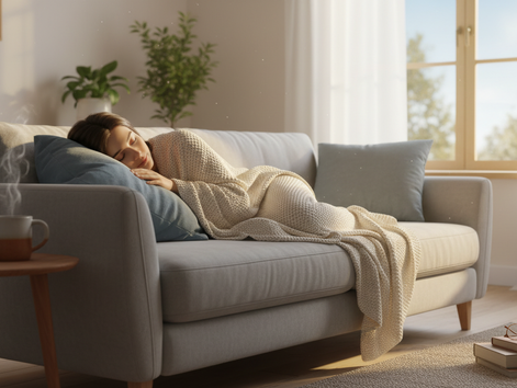 Eye-level view of a person resting under a blanket with a mug beside them