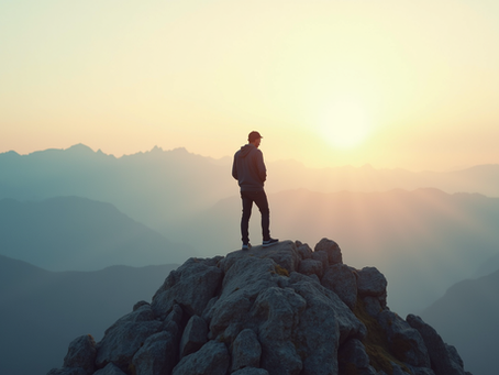 Eye-level view of a person standing on a rocky mountain peak looking at the horizon