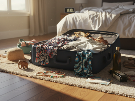 Wide-angle view of an open suitcase on a bedroom floor after a trip.