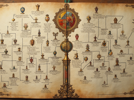 Eye-level view of a detailed medieval European royal family tree manuscript