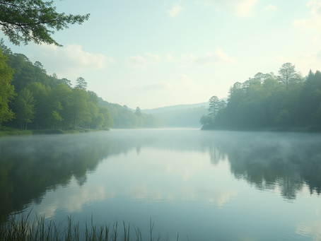 Eye-level view of a serene landscape with a calm lake and surrounding trees