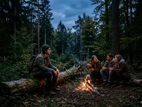Wide-angle view of a quiet person sitting beside a campfire while others talk nearby