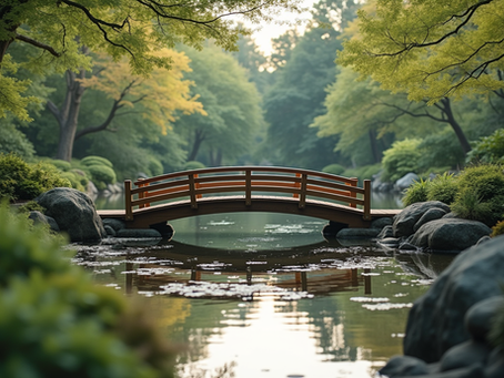 Eye-level view of a serene Japanese garden with a small wooden bridge over a pond