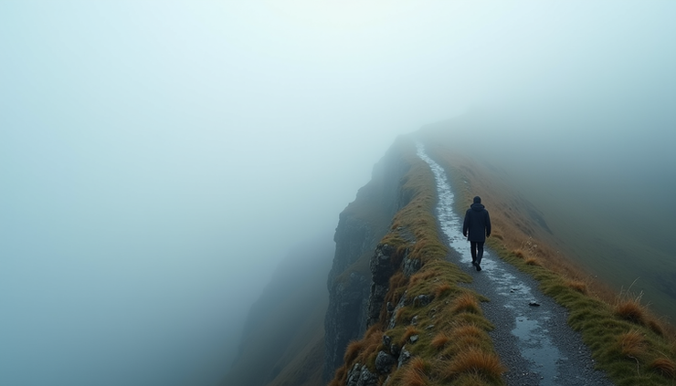 Eye-level view of a person walking on a narrow mountain path surrounded by fog