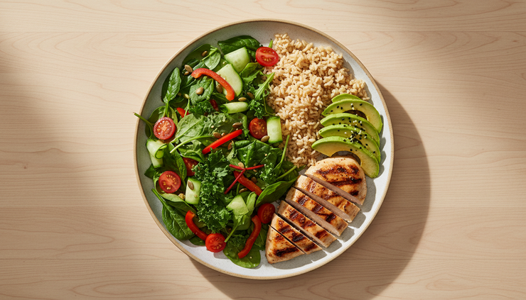 Overhead view of a balanced dinner plate with vegetables, protein, grains, and avocado.