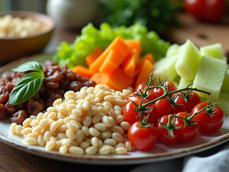 Eye-level view of a colorful plate with whole grains, vegetables, and healthy fats
