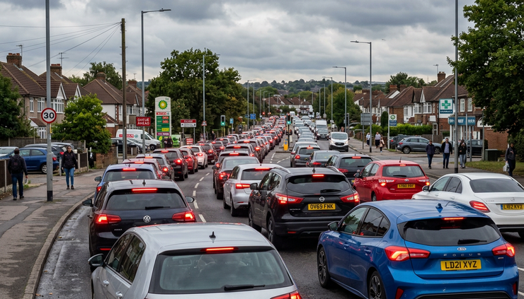 Wide-angle view of cars sitting in slow traffic under a cloudy sky