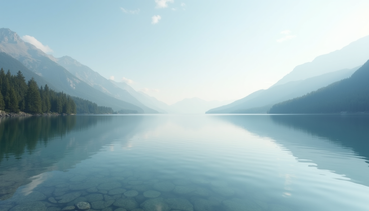 Eye-level view of a calm lake reflecting a clear sky, symbolizing inner peace and control