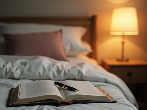 Eye-level view of a journal and pen on a bedside table with soft lighting
