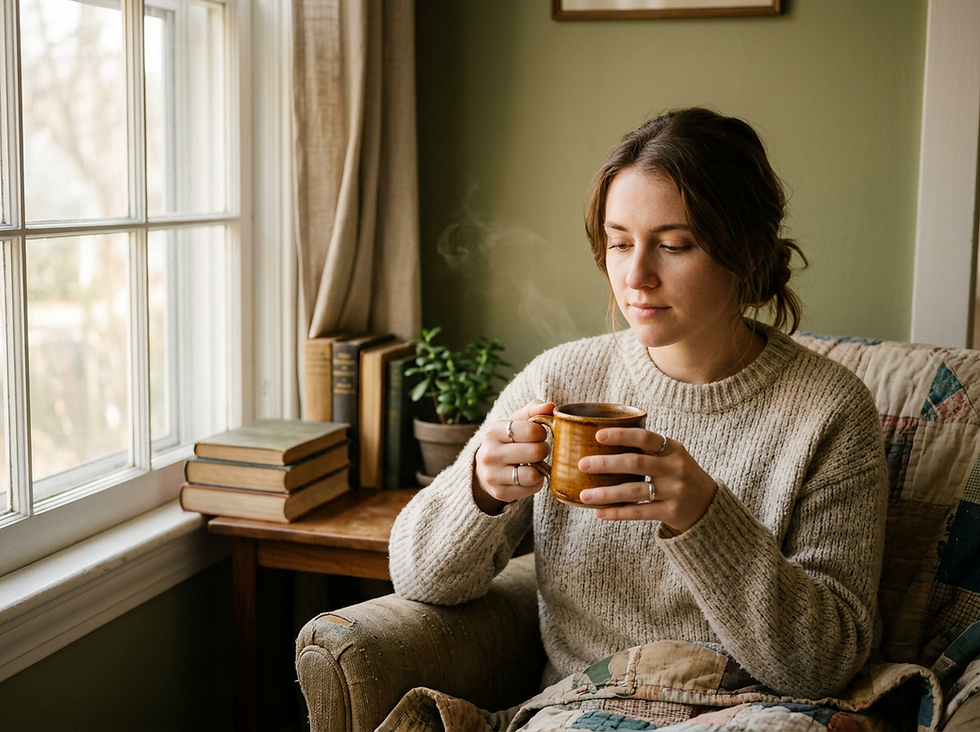 Eye-level view of a person holding a warm mug while sitting quietly by a window