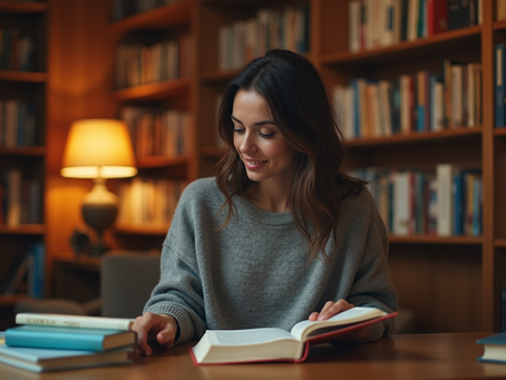 Eye-level view of a person reading a book in a cozy study room filled with shelves of books