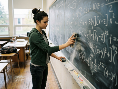 Eye-level view of a student erasing a messy math problem on a chalkboard.