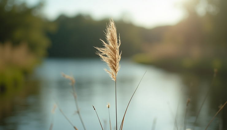 Eye-level view of a slender reed bending gently in the wind by a calm river