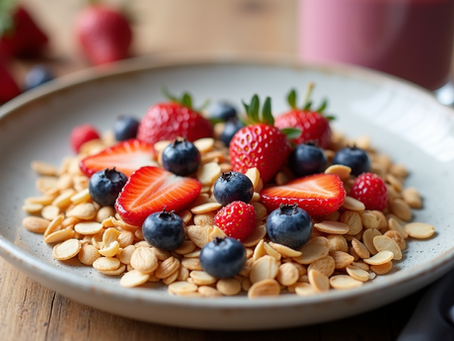 Eye-level view of a colorful breakfast plate with whole grain cereal, fresh berries, nuts, and a glass of smoothie
