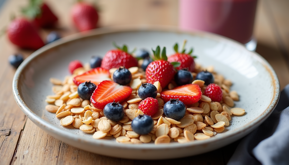Eye-level view of a colorful breakfast plate with whole grain cereal, fresh berries, nuts, and a glass of smoothie