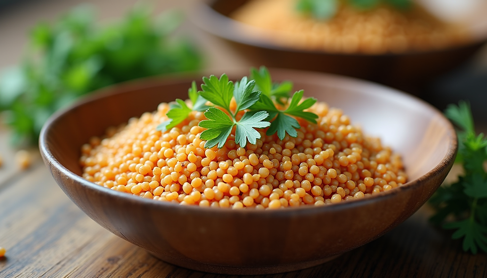 Close-up view of cooked amaranth grains in a bowl with fresh herbs