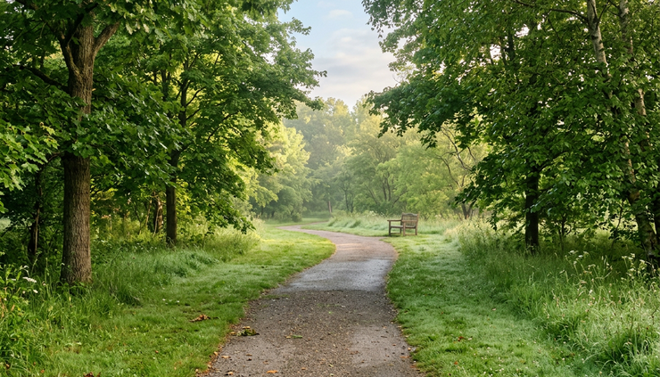Eye-level view of a quiet park path lined with trees in soft morning light.