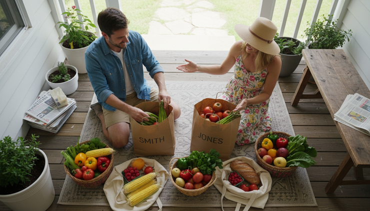 Overhead view of two neighbors sorting groceries into paper bags on a porch