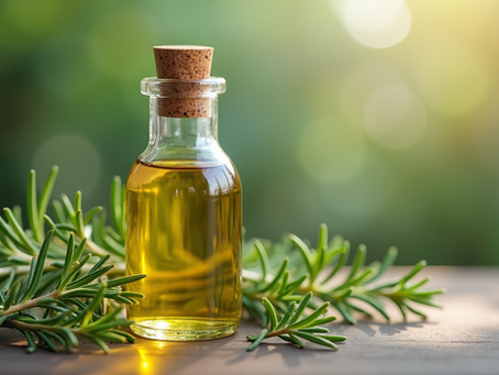 Close-up view of rosemary oil bottle surrounded by fresh rosemary leaves