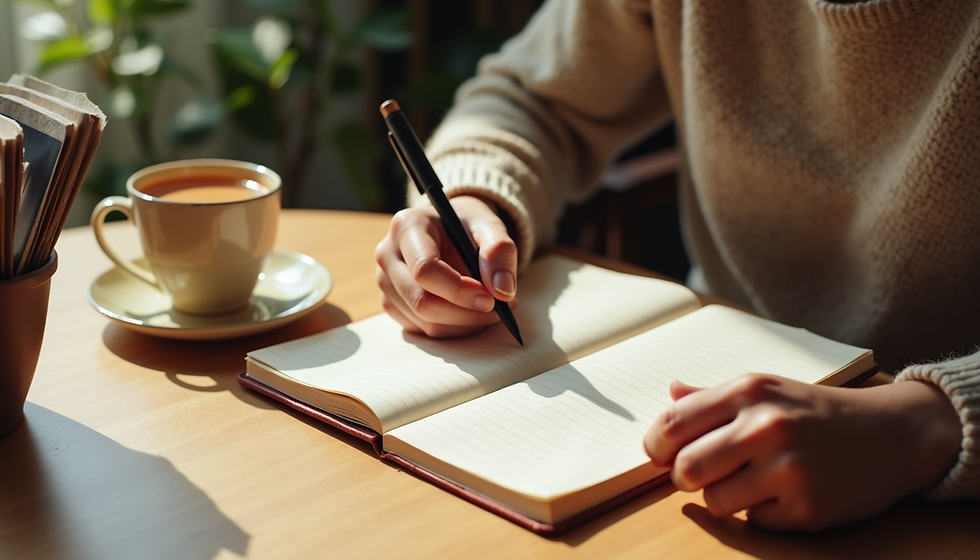 Eye-level view of a person writing goals in a journal with a cup of tea nearby