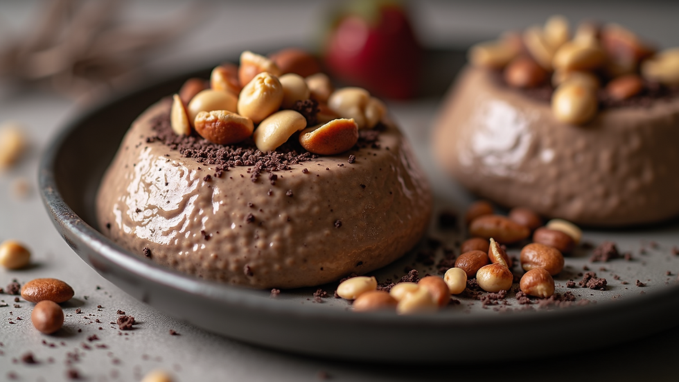 Close-up view of a delicious chia pudding topped with nuts and dark chocolate