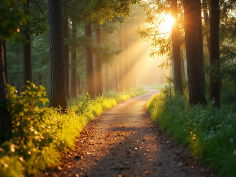 Eye-level view of a winding path through a forest with sunlight breaking through the trees