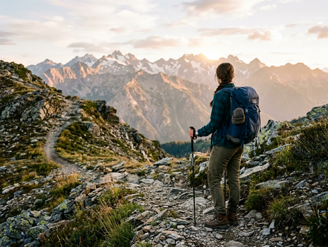 Wide-angle view of a hiker standing on a sunrise trail.
