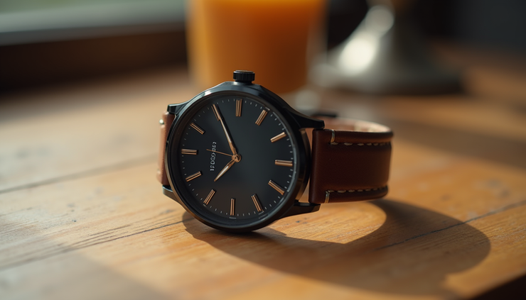 Eye-level view of a minimalist luxury watch on a wooden table