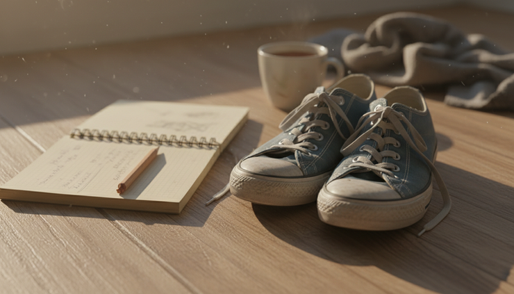Close-up view of worn sneakers beside a half-open notebook on a wooden floor.