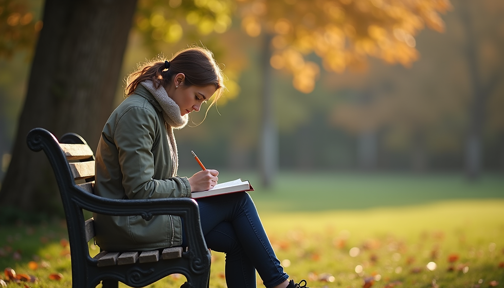 Eye-level view of a person sitting on a park bench with a notebook and pen, reflecting on their personal growth journey