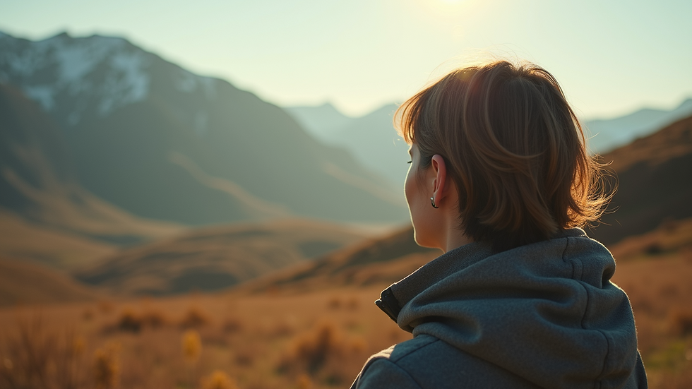 Close-up of a person gazing towards a serene landscape