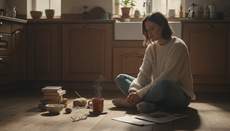 Eye-level view of a person sitting quietly on a kitchen floor beside an untouched cup of tea