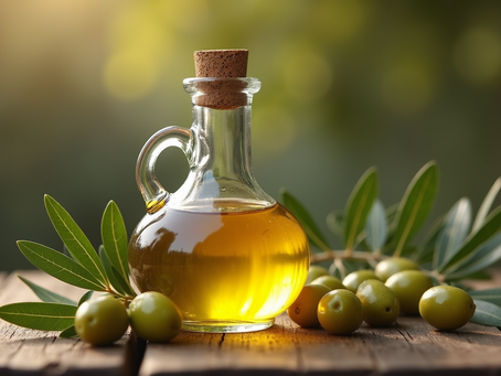 Close-up view of a glass bottle filled with golden extra virgin olive oil on a wooden table