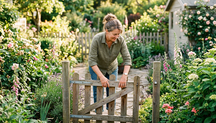 Eye-level view of a person placing a small wooden gate across a garden path.