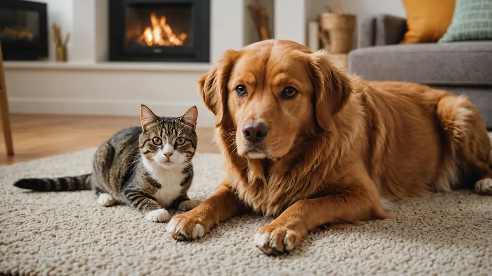 Eye-level view of a dog and a cat peacefully cohabiting in a living room