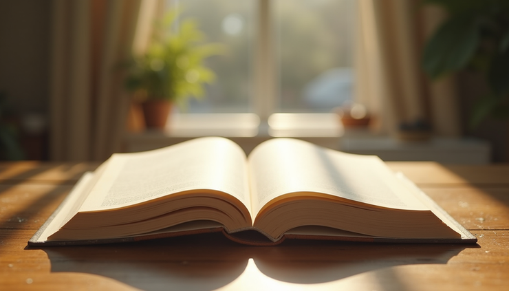 Eye-level view of an open book on a wooden table with sunlight casting soft shadows