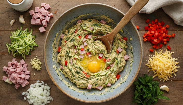 Overhead view of a bowl filled with zucchini muffin mixture