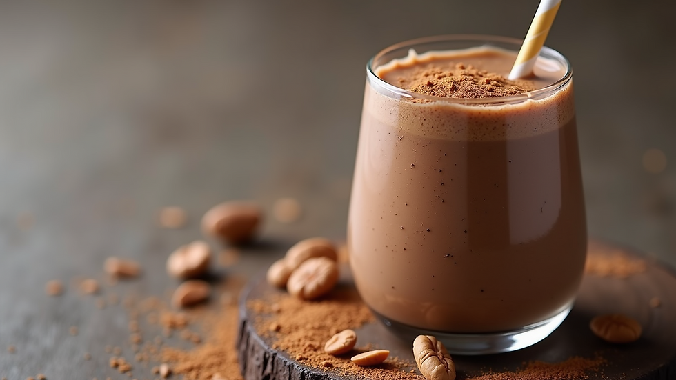 Close-up view of a chocolate peanut butter smoothie in a glass with a straw